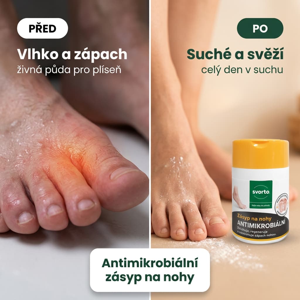 Antimikrobiální zásyp na nohy před a po – od vlhka k suchu